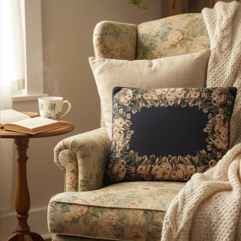 Vintage Rabbit Tapestry Throw Pillow 17.5x 12.5 Navy Floral William Morris Style